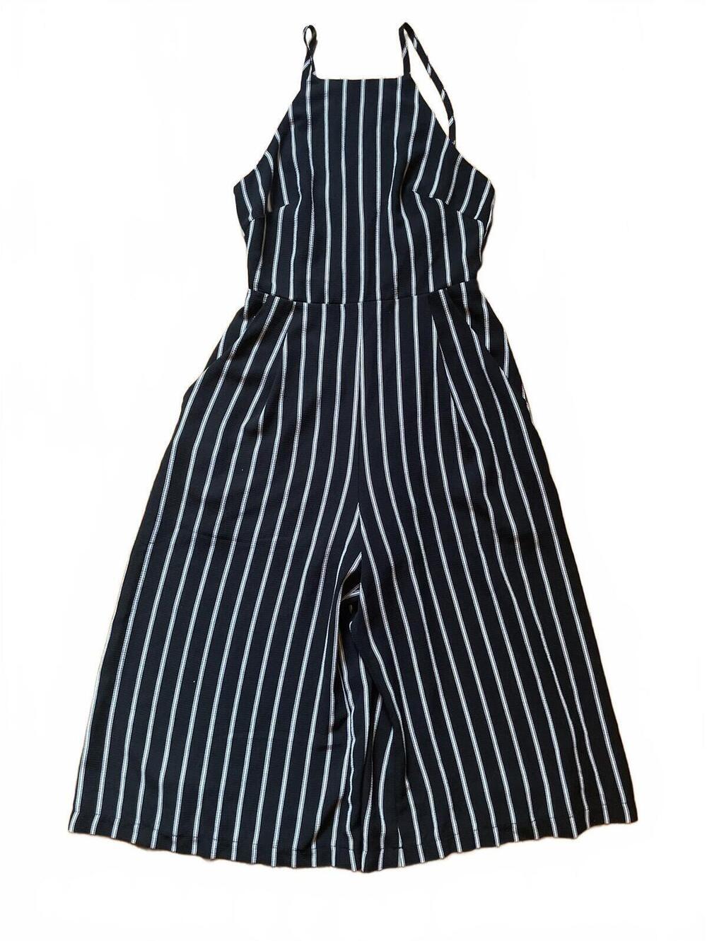 ASTR The Label Black White Pinstripe Culotte Jumpsuit Lace Up Open Back XS